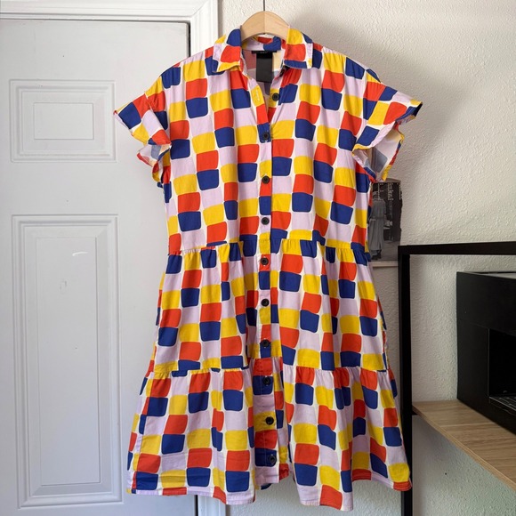 Nooworks Dresses & Skirts - NOOWORKS multicolor square geo print cotton ruffle short sleeve mini dress